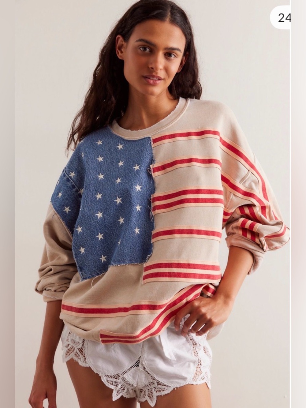 Tricia Fix Beige Crewneck Sweatshirt Stripes and Stars Pullover